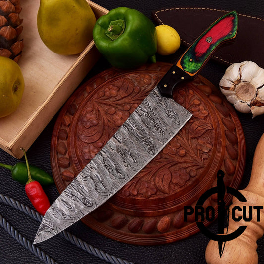 Pro Cut Hearth Steel - Handmade Damascus Steel Full Tang Chef Knife with Rainbow Wood Handle