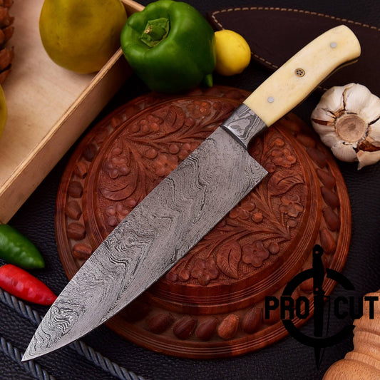 Pro Cut Damascus Steel Hand Forged Full Tang Chef Knife with Camel Bone Handle