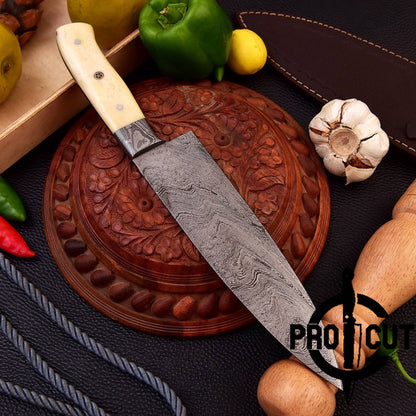 Pro Cut Damascus Steel Hand Forged Full Tang Chef Knife with Camel Bone Handle