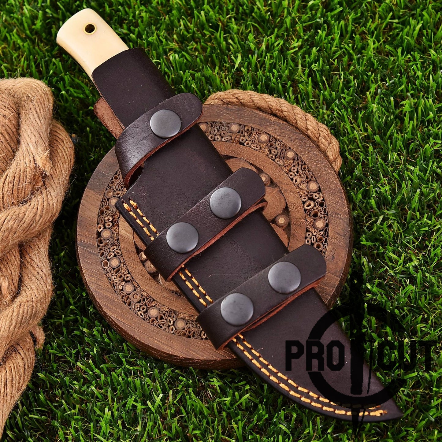 Leather knife sheath on a wooden block with grass background