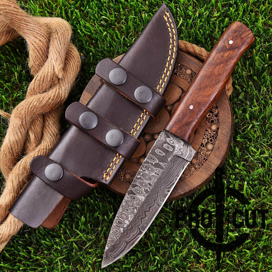 Pro Cut Ironwood Guardian - Handmade Damascus Steel Fixed Blade Camping Knife with Rosewood Handle