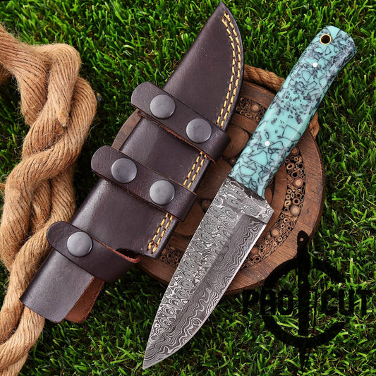 Pro Cut Ironwood Guardian - Damascus Steel Drop Point Fixed Blade Hunting Knife with Turquoise Resin Handle