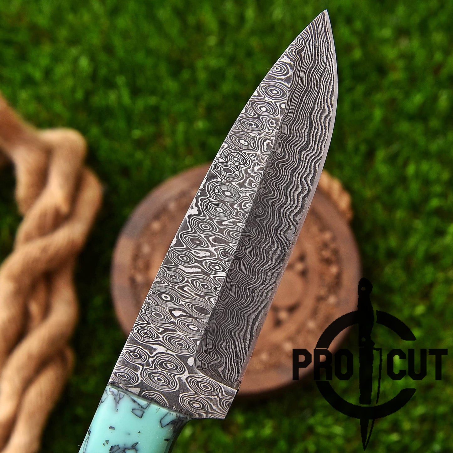 Pro Cut Ironwood Guardian - Damascus Steel Drop Point Fixed Blade Hunting Knife with Turquoise Resin Handle