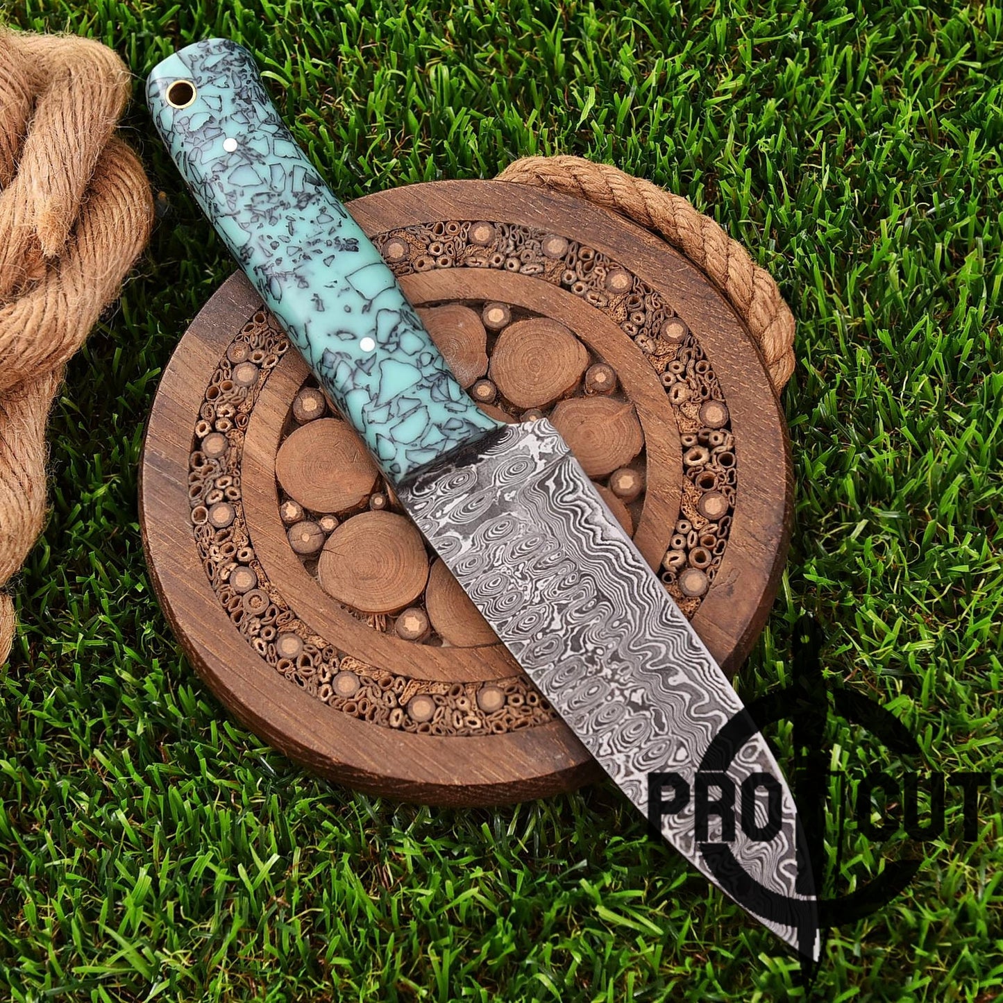Pro Cut Ironwood Guardian - Damascus Steel Drop Point Fixed Blade Hunting Knife with Turquoise Resin Handle