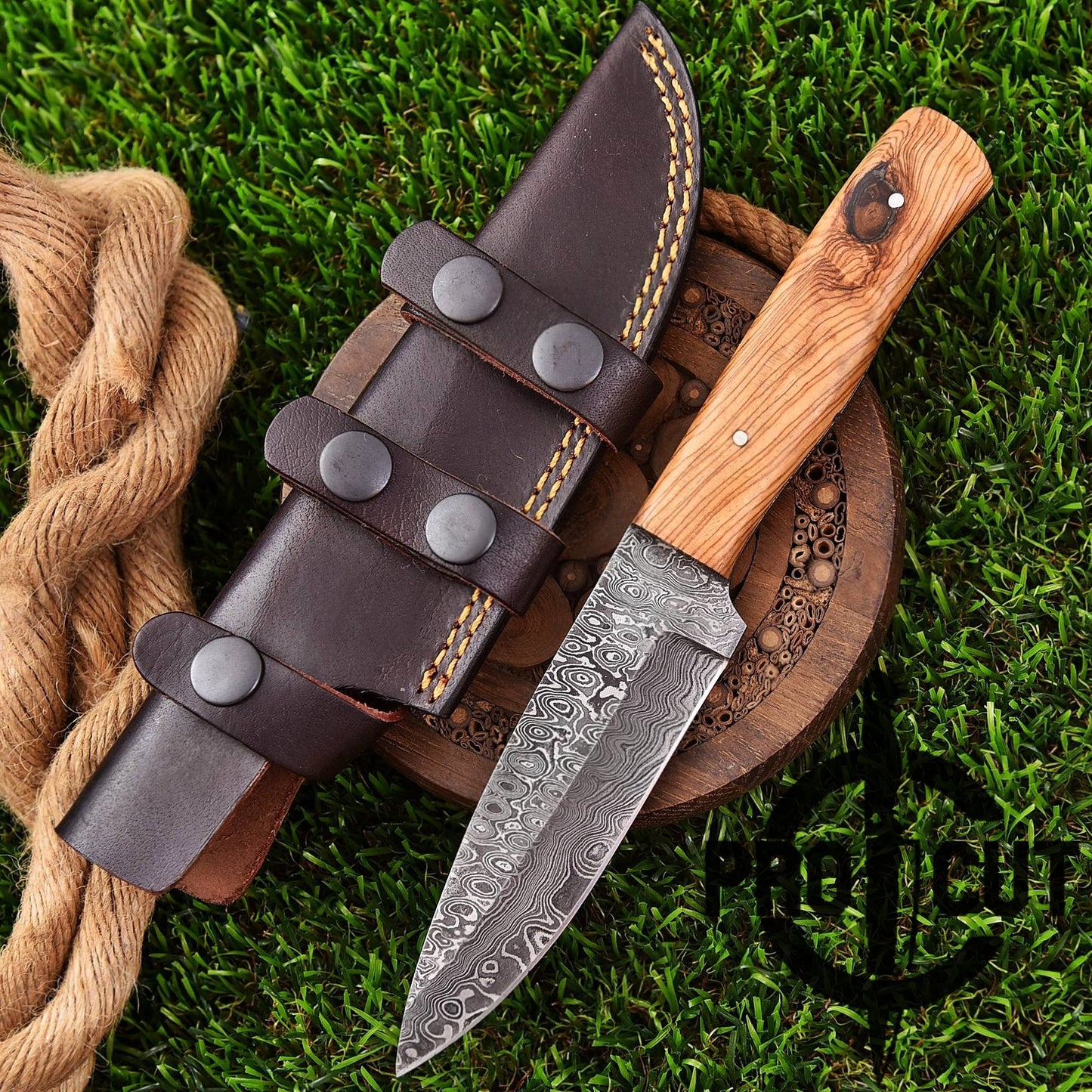 Pro Cut Ironwood Guardian - Handmade Damascus Steel Fixed Blade Drop Point Hunting Knife with Olive Burl Handle
