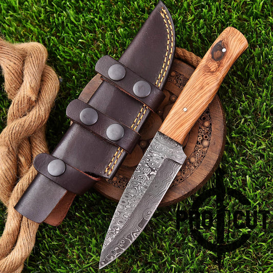 Pro Cut Ironwood Guardian - Handmade Damascus Steel Fixed Blade Drop Point Hunting Knife with Olive Burl Handle