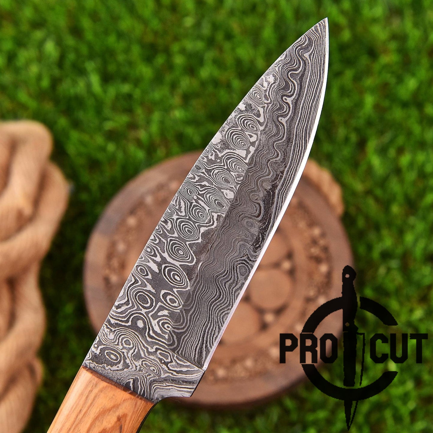 Pro Cut Ironwood Guardian - Handmade Damascus Steel Fixed Blade Drop Point Hunting Knife with Olive Burl Handle