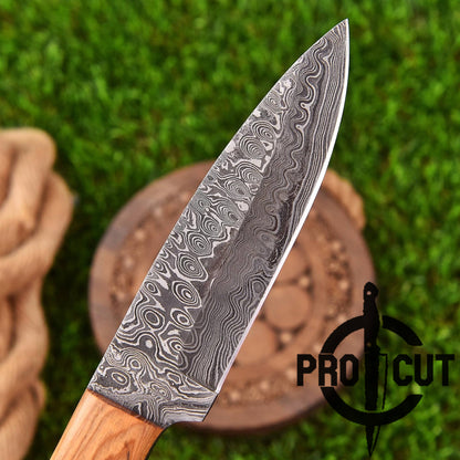 Pro Cut Ironwood Guardian - Handmade Damascus Steel Fixed Blade Drop Point Hunting Knife with Olive Burl Handle