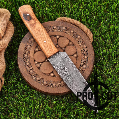 Pro Cut Ironwood Guardian - Handmade Damascus Steel Fixed Blade Drop Point Hunting Knife with Olive Burl Handle