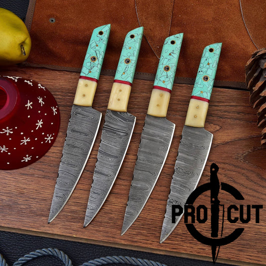 4 Pcs Hand Forged Damascus Steel Culinary Knives Set, Handmade BBQ Steak Knives