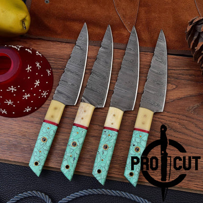 4 Pcs Hand Forged Damascus Steel Culinary Knives Set, Handmade BBQ Steak Knives