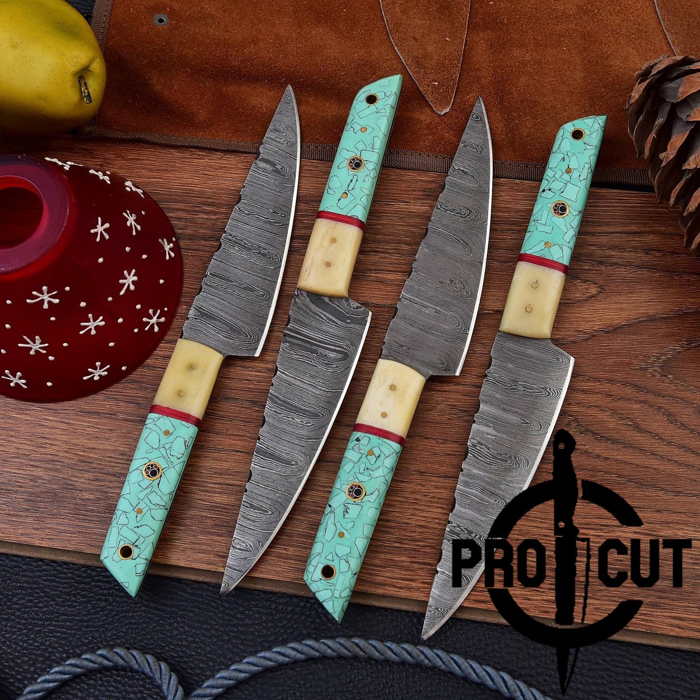 4 Pcs Hand Forged Damascus Steel Culinary Knives Set, Handmade BBQ Steak Knives