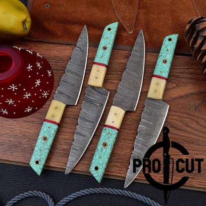 4 Pcs Hand Forged Damascus Steel Culinary Knives Set, Handmade BBQ Steak Knives