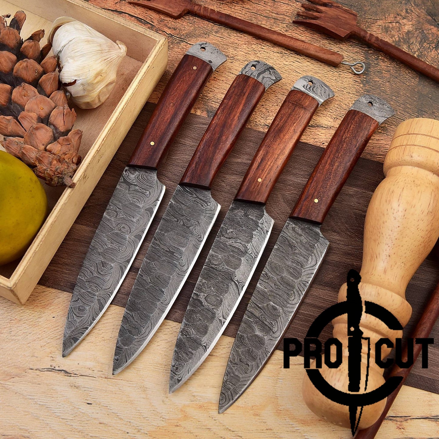 Pro Cut Steel Root - Hand Forged Damascus Steel Full Tang Culinary Steak Knife with Rosewood Handle