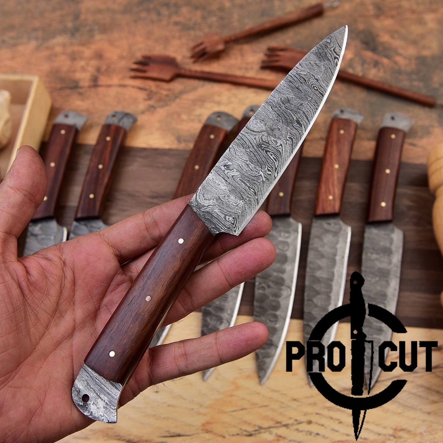 Pro Cut Steel Root - Hand Forged Damascus Steel Full Tang Culinary Steak Knife with Rosewood Handle