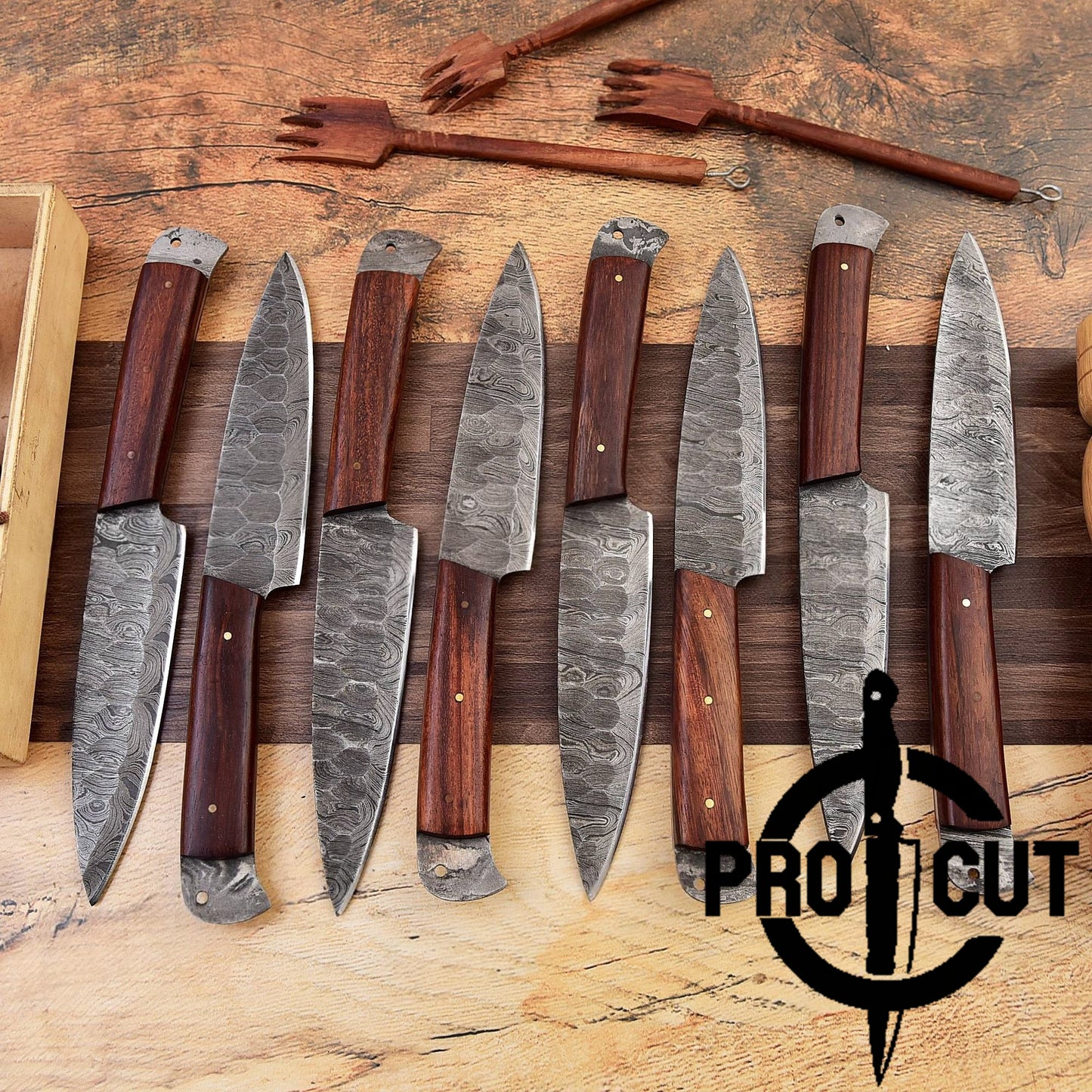 Pro Cut Steel Root - Hand Forged Damascus Steel Full Tang Culinary Steak Knife with Rosewood Handle