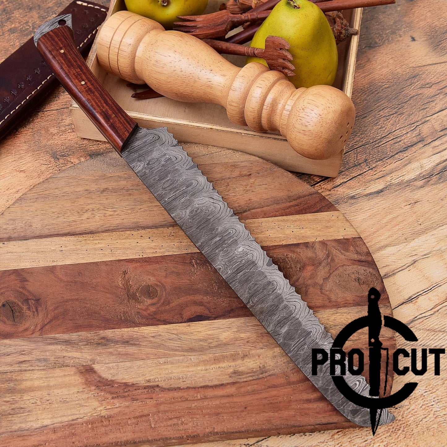 Pro Cut Hand Forged Damascus Steel Full Tang Bread Knife with Rosewood Handle