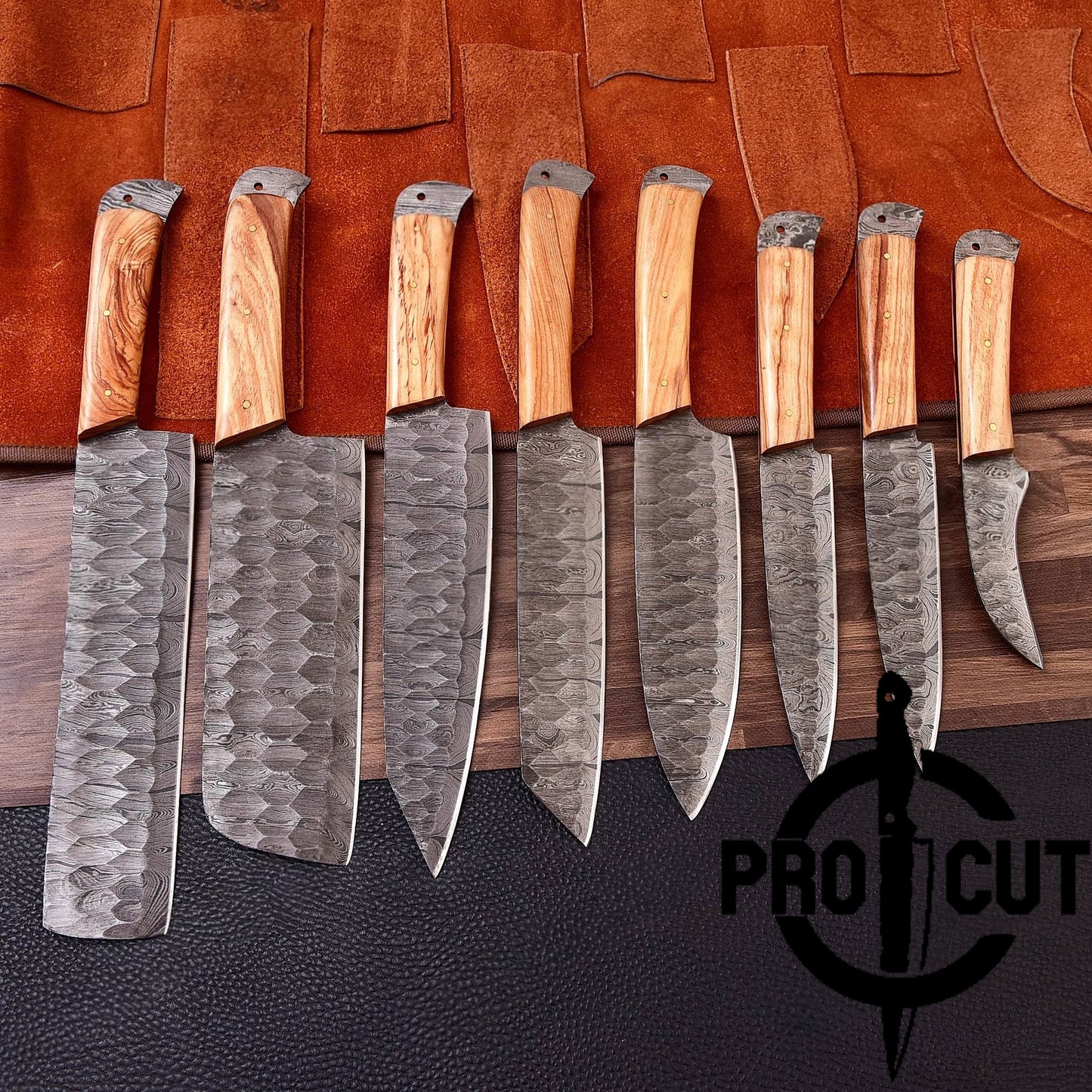 Pro Cut Damascus Empror - 8 Pcs Damascus Steel Full Tang Chef Set with Ergonomic Handle