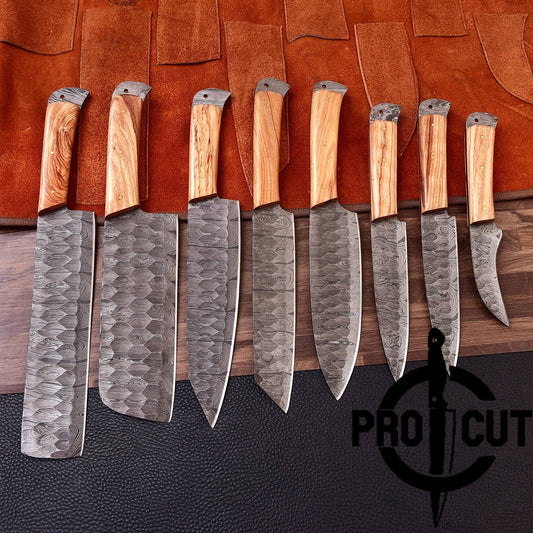 Pro Cut Damascus Empror - 8 Pcs Damascus Steel Full Tang Chef Set with Ergonomic Handle