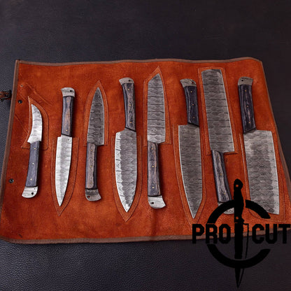 Pro Cut Damascus Empror - Handmade Damascus Steel 8 Pcs Chef Set with Leather Bag