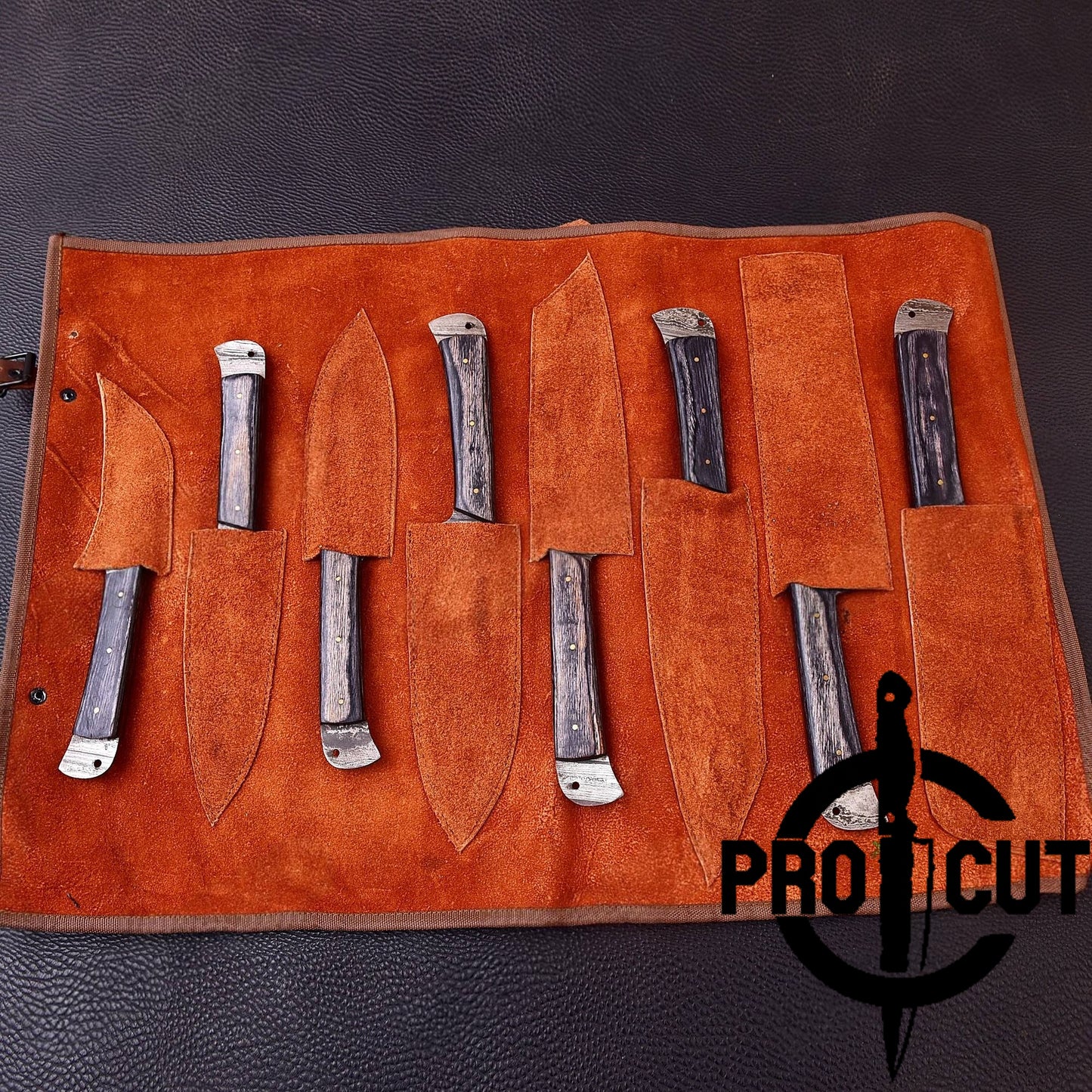 Pro Cut Damascus Empror - Handmade Damascus Steel 8 Pcs Chef Set with Leather Bag