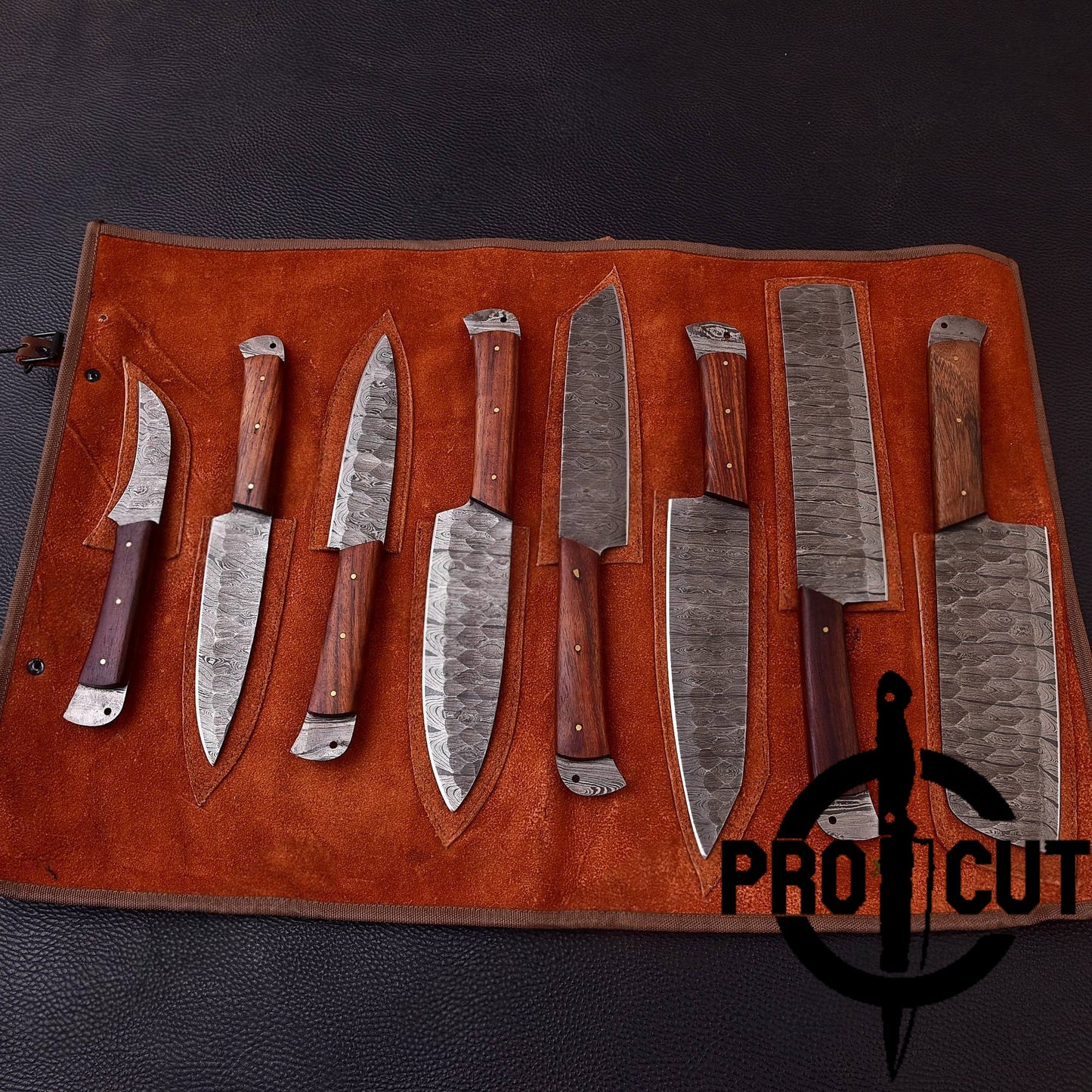 Pro Cut Damascus Empror - Premium Handmade Damascus Steel 8 Pcs Chef Set with Rosewood Handle