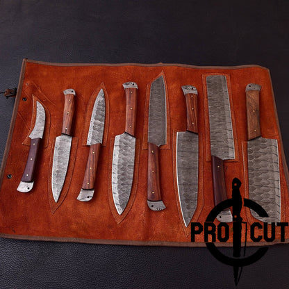Pro Cut Damascus Empror - Premium Handmade Damascus Steel 8 Pcs Chef Set with Rosewood Handle