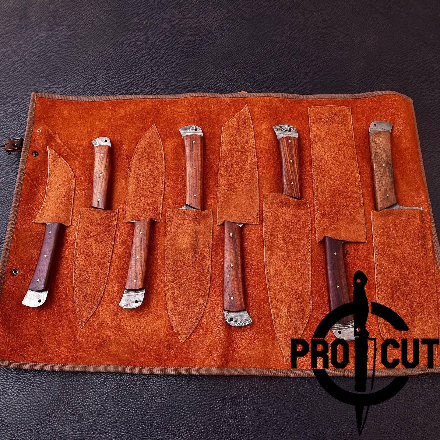 Pro Cut Damascus Empror - Premium Handmade Damascus Steel 8 Pcs Chef Set with Rosewood Handle