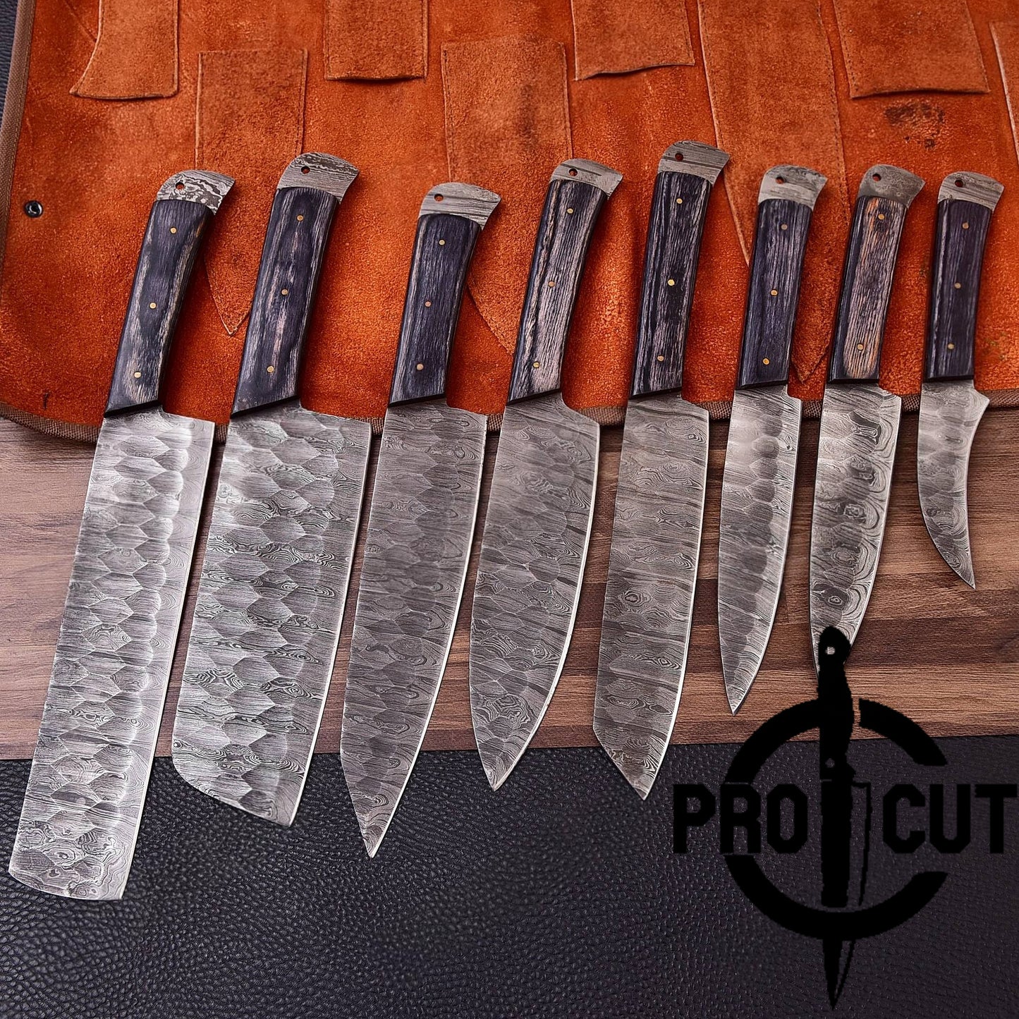 Pro Cut Damascus Empror - Handmade Damascus Steel 8 Pcs Chef Set with Leather Bag