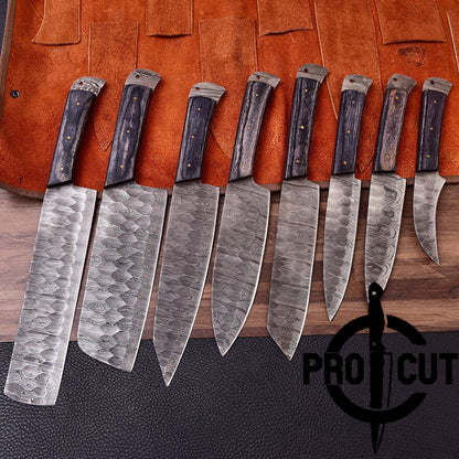 Pro Cut Damascus Empror - Handmade Damascus Steel 8 Pcs Chef Set with Leather Bag