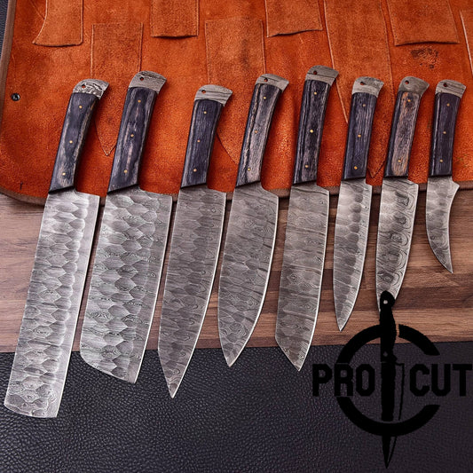 Pro Cut Damascus Empror - Handmade Damascus Steel 8 Pcs Chef Set with Leather Bag