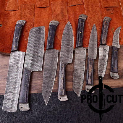 Pro Cut Damascus Empror - Handmade Damascus Steel 8 Pcs Chef Set with Leather Bag
