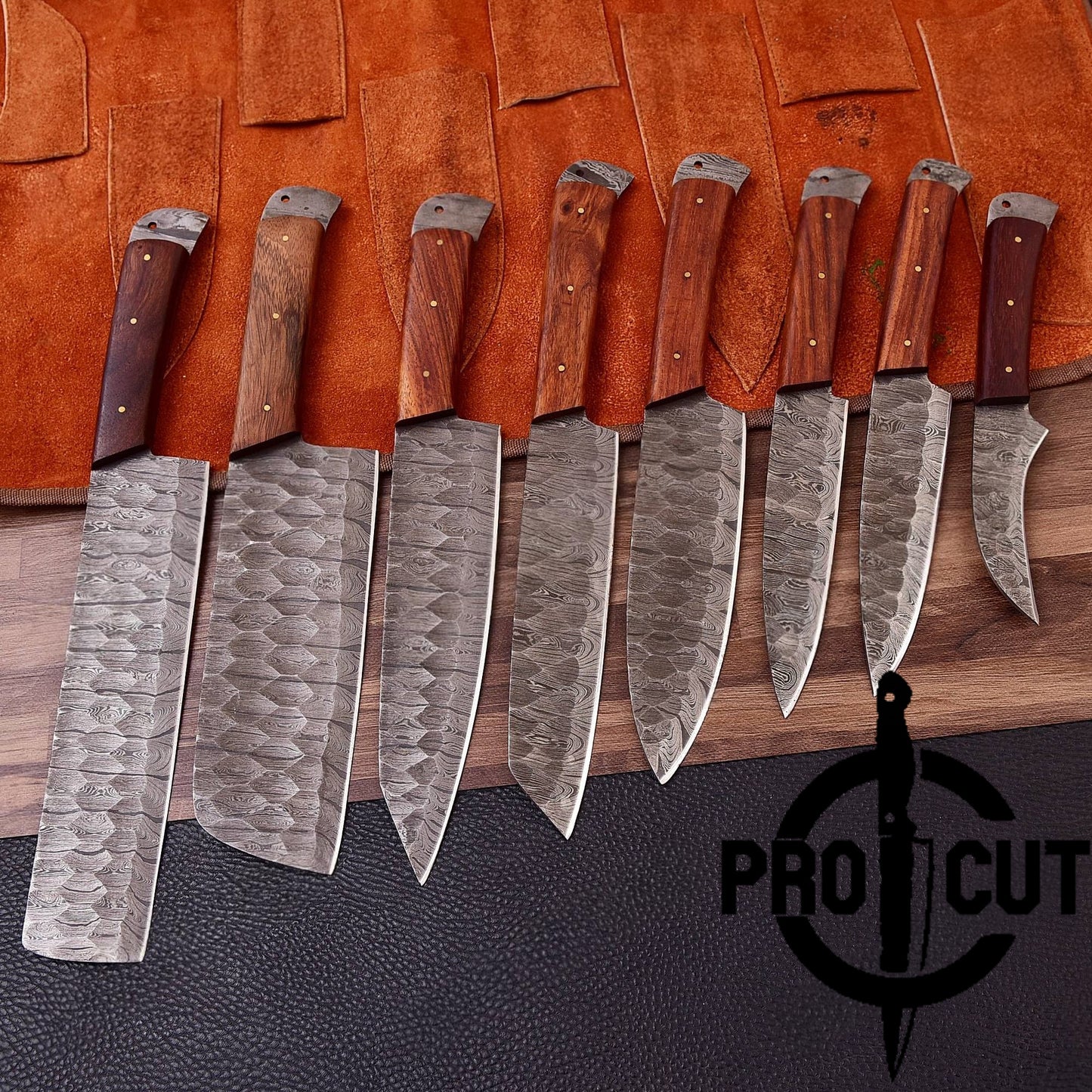 Pro Cut Damascus Empror - Premium Handmade Damascus Steel 8 Pcs Chef Set with Rosewood Handle