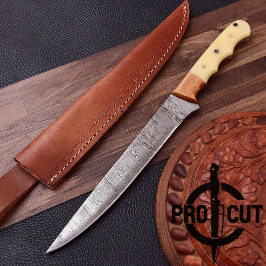 Pro Cut Hand Forged Damascus Steel Full Tang Fillet Knife with Bone Handle