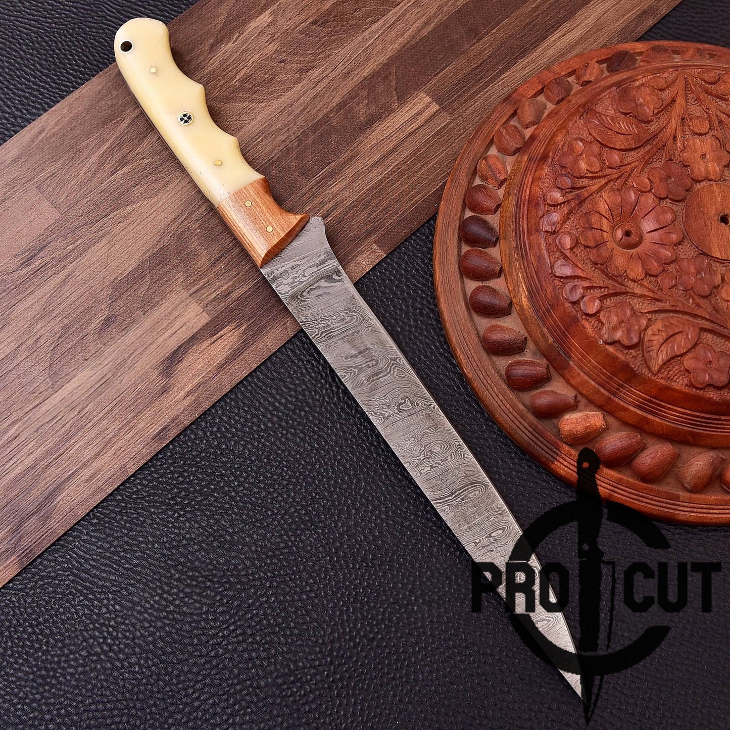 Pro Cut Hand Forged Damascus Steel Full Tang Fillet Knife with Bone Handle