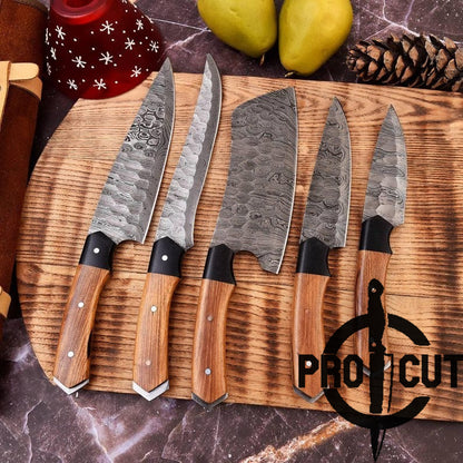 Pro Cut Ravenfold Edge - Damascus Steel Kitchen Knife Set with Olive Wood Handle