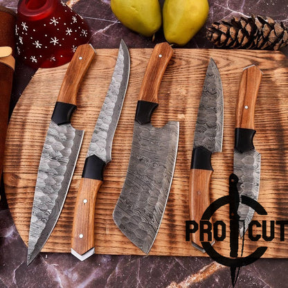 Pro Cut Ravenfold Edge - Damascus Steel Kitchen Knife Set with Olive Wood Handle