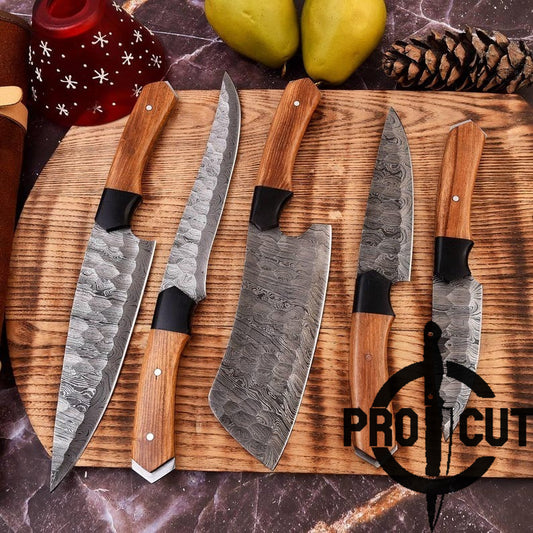 Pro Cut Ravenfold Edge - Damascus Steel Kitchen Knife Set with Olive Wood Handle