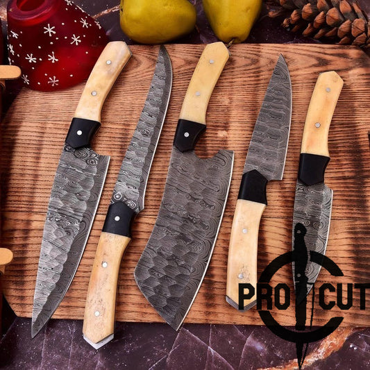 Pro Cut Ravenfold Edge - Damascus Steel Kitchen Knife Set with Camel Bone Handle