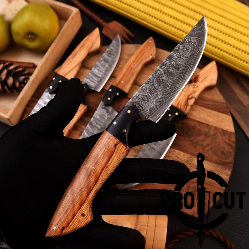 Pro Cut Forge Core - Handmade Damascus Steel Culinary Steak Knives Set with Olive Burl Handle