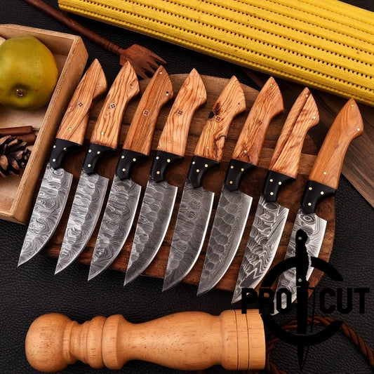 Pro Cut Forge Core - Handmade Damascus Steel Culinary Steak Knives Set with Olive Burl Handle