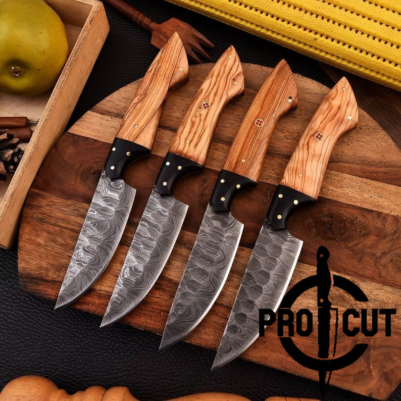 Pro Cut Forge Core - Handmade Damascus Steel Culinary Steak Knives Set with Olive Burl Handle