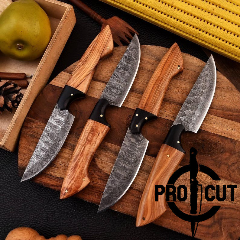 Pro Cut Forge Core - Handmade Damascus Steel Culinary Steak Knives Set with Olive Burl Handle