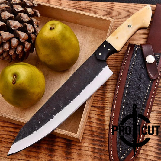Pro Cut Forge Born - Handmade D2 Steel Chef Knife with Camel Bone Handle