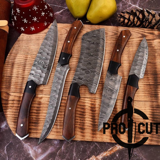 Set of knives with wooden handles on a wooden cutting board, branded 'Pro Cut'.