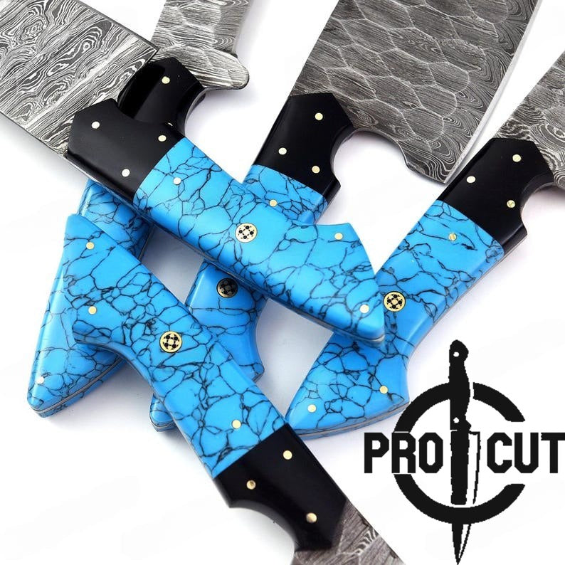 Three knives with blue handles and black sheaths on a white background, featuring the Pro Cut logo.