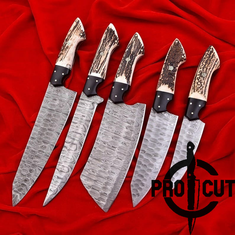 Pro Cut Forge Heart - Damascus Steel Chef Set with Stag Horn Handle