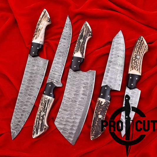 Pro Cut Forge Heart - Damascus Steel Chef Set with Stag Horn Handle