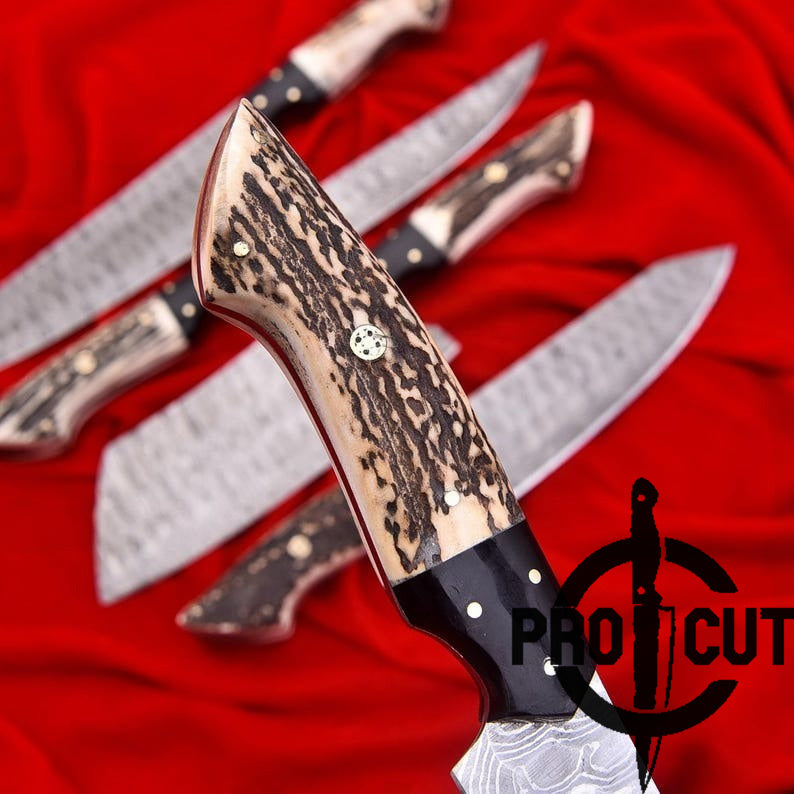 Pro Cut Forge Heart - Damascus Steel Chef Set with Stag Horn Handle