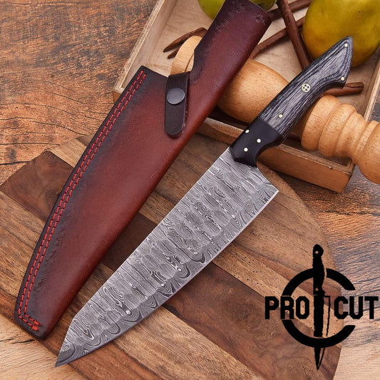 Pro Cut Hearth Steel - Damascus Steel Hand Forged Kitchen Chef Knife with Black Wood Handle